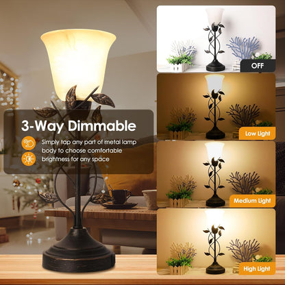 Bedside Lamps for Bedrooms Set of 2 Table Lamps for Living Room 3 Way Dimmable with Dual USB Charging Ports for Touch Control with White Glass Shade and Retro Leaf Body, Bulbs Included
