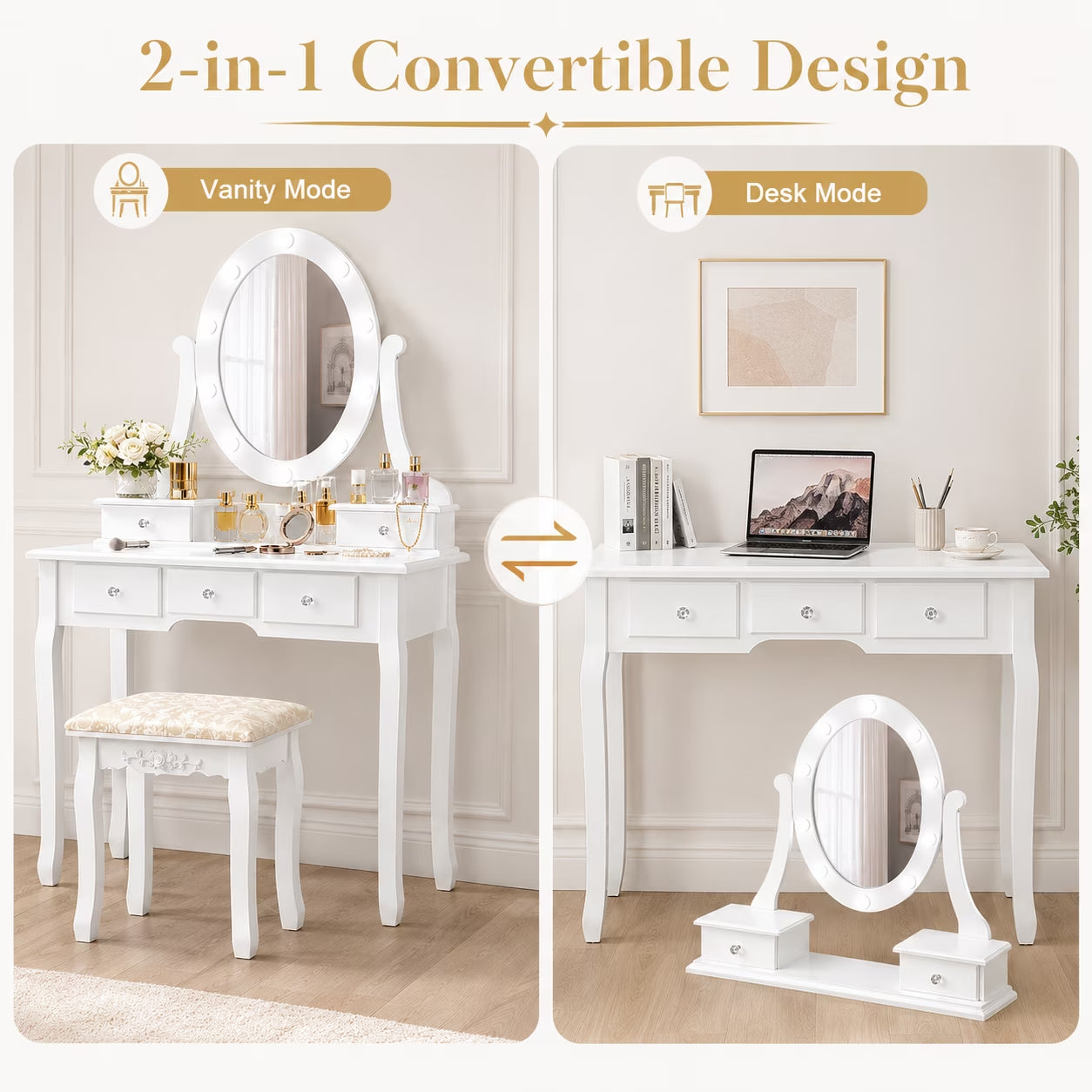 Vanity Table 10 LED Lights, 5 Drawers Makeup Dressing Desk with Cushioned Stool Set,Bedroom Vanities Set White