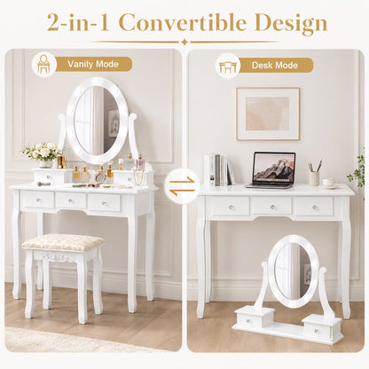 Vanity Table 10 LED Lights, 5 Drawers Makeup Dressing Desk with Cushioned Stool Set,Bedroom Vanities Set White