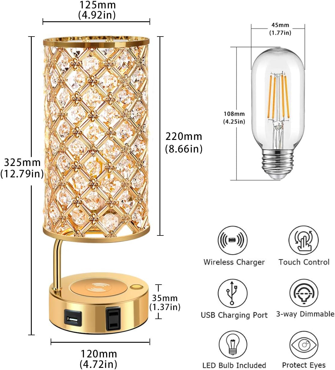 Touch Control Crystal Table Lamp, 3 Way Dimmable Wireless Charging Table Lamp, USB Bedside Light with Crystal Shade, Modern Nightstand Lamps for Bedroom Living Room (Bulb Included) (Gold)