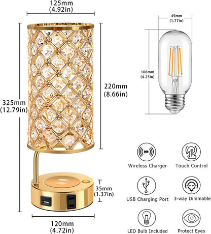 Touch Control Crystal Table Lamp, 3 Way Dimmable Wireless Charging Table Lamp, USB Bedside Light with Crystal Shade, Modern Nightstand Lamps for Bedroom Living Room (Bulb Included) (Gold)