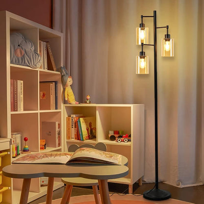 Industrial Tree Floor Lamp for Living Room, Rustic Standing LED Lamp with 3 Elegant Amber Glass Shade, Retro Pole Tall Floor Light for Home, Bedroom, Office, Reading (E26 Base Bulbs Included)