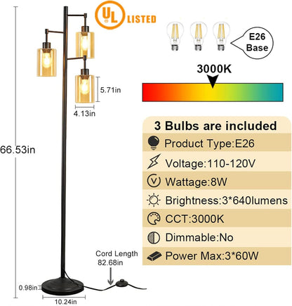 Industrial Tree Floor Lamp for Living Room, Rustic Standing LED Lamp with 3 Elegant Amber Glass Shade, Retro Pole Tall Floor Light for Home, Bedroom, Office, Reading (E26 Base Bulbs Included)