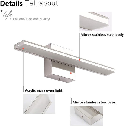 Chrome Bathroom Light Fixtures 24 Inch Bath Wall Lighting IP44 14W Vanity Lamp Bar Modern LED Lights for Vanity Rectangle Bathroom Lamps over Mirror Acrylic Restroom Sink Light