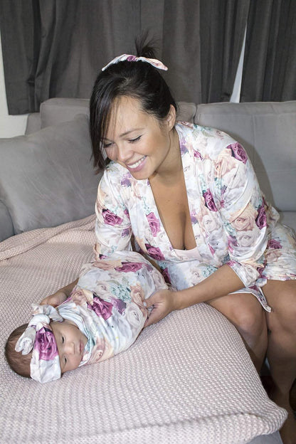 Maternity Robe and Baby Swaddle Blanket, Milk Silk Matching Delivery Robe and Swaddling Wrap for Mom and Baby