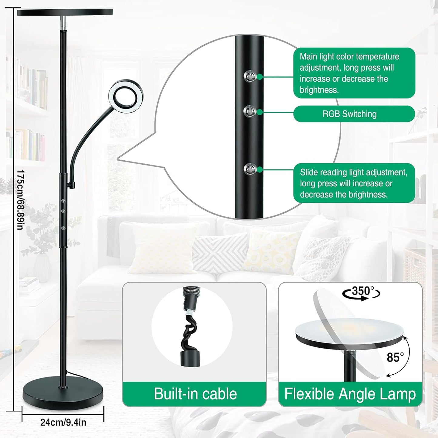 LED Floor Lamp, Super Bright RGB Torchiere Lamp with Adjustable Reading Lamp, Remote & Touch Control, 1600LM Main Light and 300LM Side Light for Living Room, Bedroom, Office, Black
