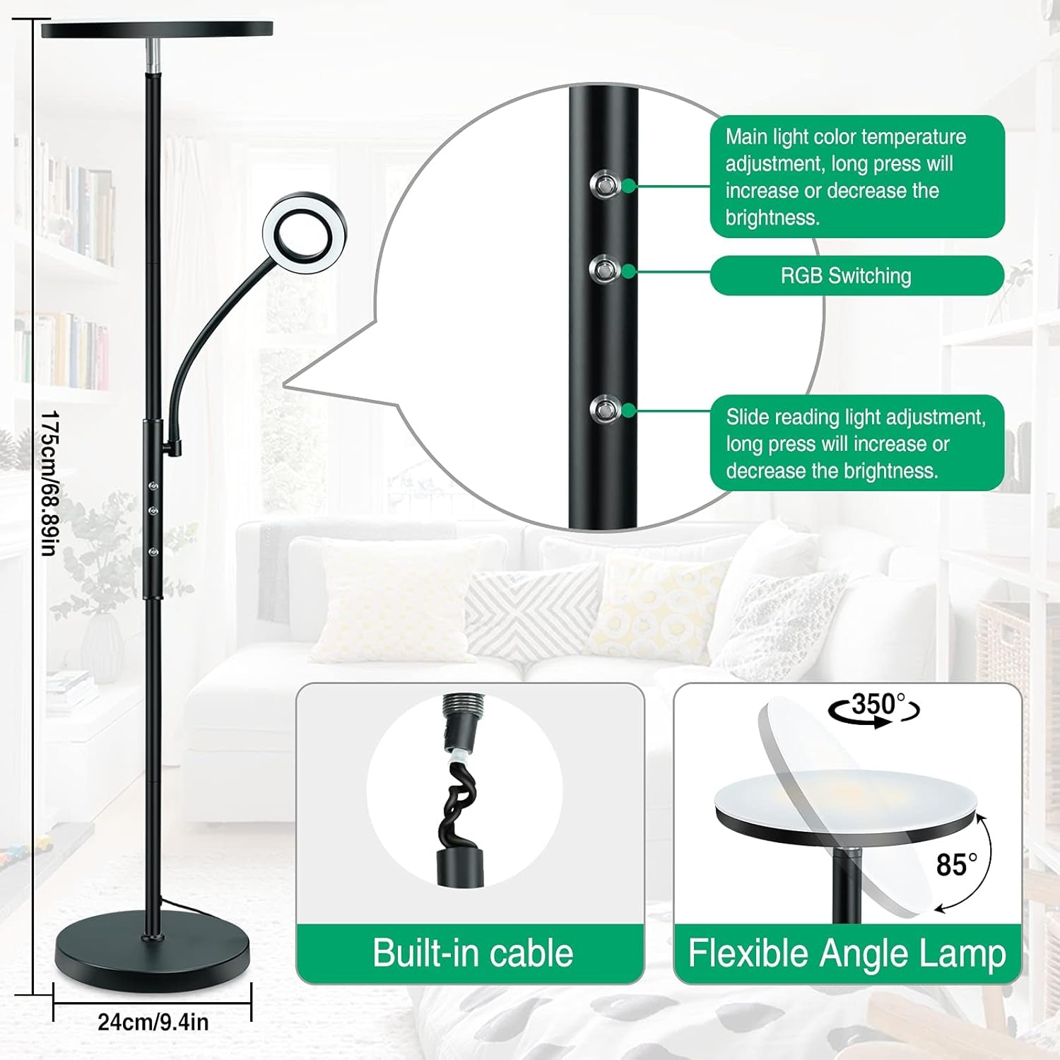LED Floor Lamp, Super Bright RGB Torchiere Lamp with Adjustable Reading Lamp, Remote & Touch Control, 1600LM Main Light and 300LM Side Light for Living Room, Bedroom, Office, Black