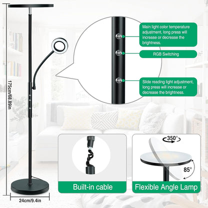 LED Floor Lamp, Super Bright RGB Torchiere Lamp with Adjustable Reading Lamp, Remote & Touch Control, 1600LM Main Light and 300LM Side Light for Living Room, Bedroom, Office, Black