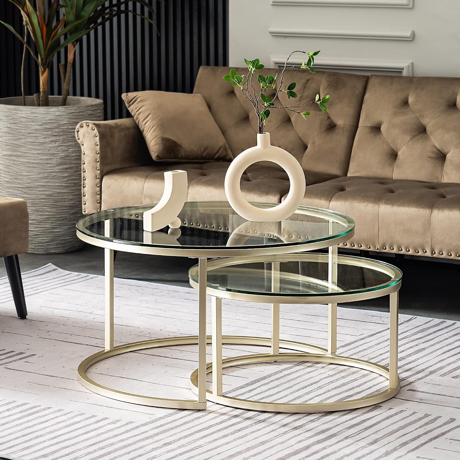 round Nesting Coffee Table Set, with 31.5 in Clear Tempered Glass Top and Gold Metal Legs, Accent Wooden Stacking Side Tea Table for Living Room Eagle