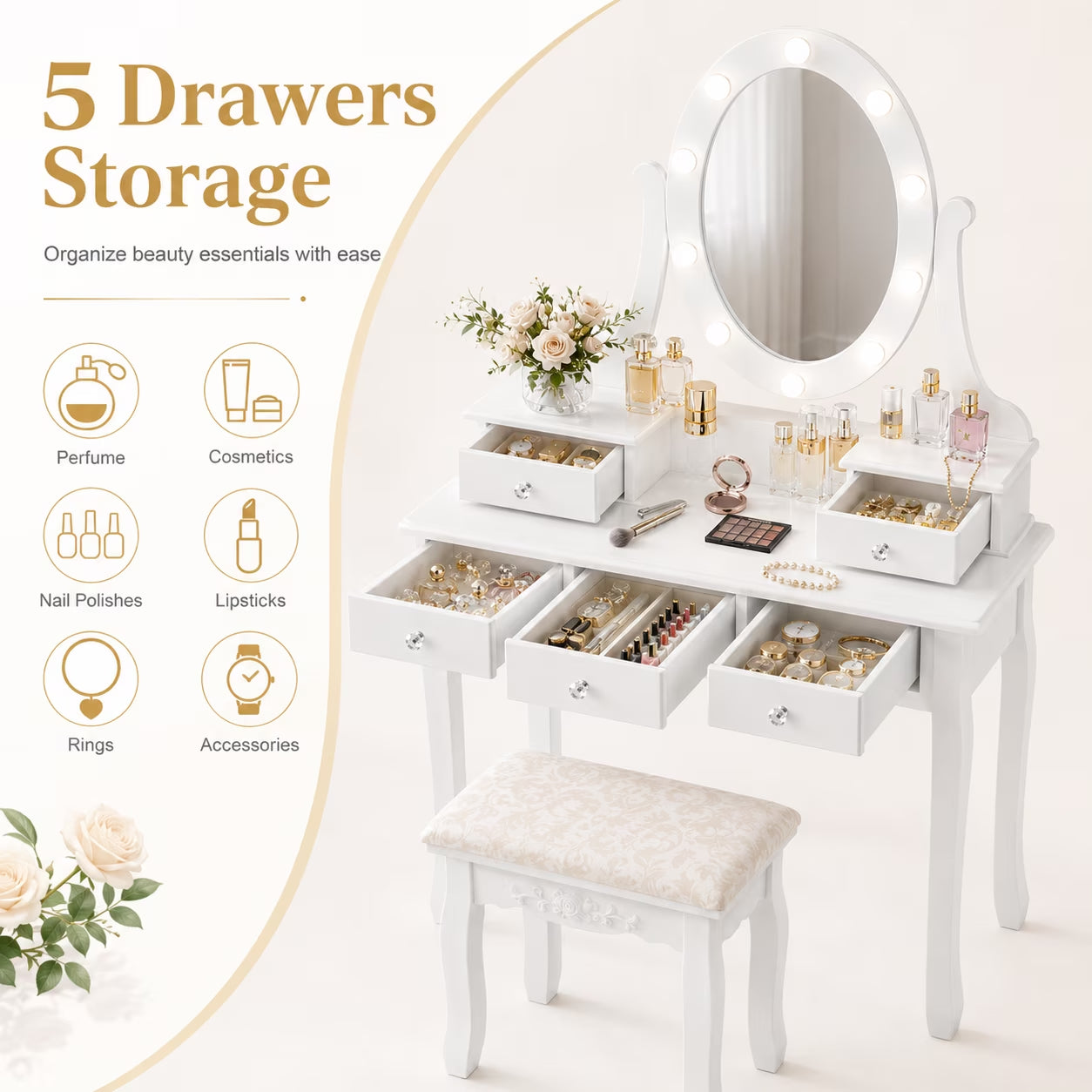 Vanity Table 10 LED Lights, 5 Drawers Makeup Dressing Desk with Cushioned Stool Set,Bedroom Vanities Set White