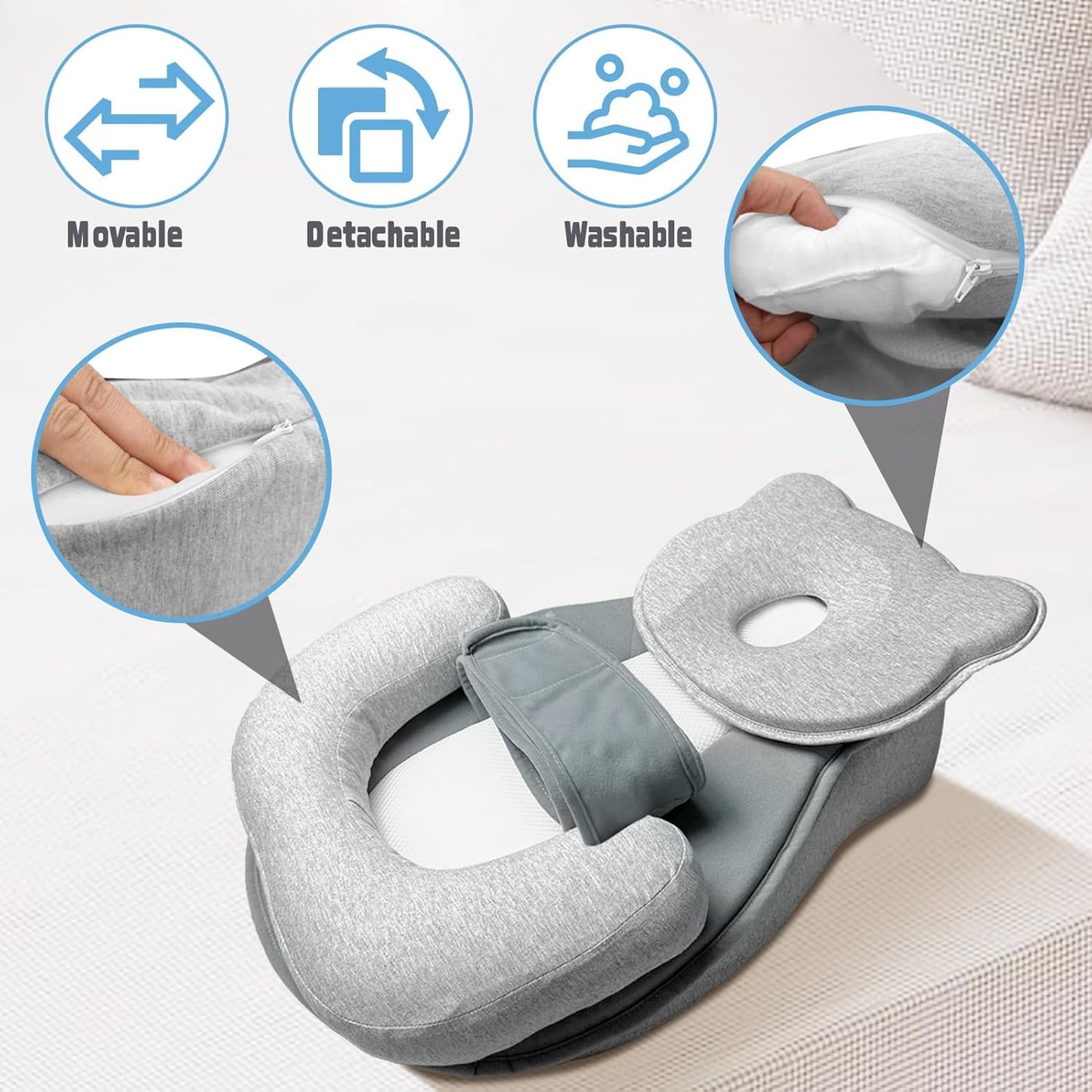 Reflux Pillow for Baby, Baby Lounger Pillow for Infant Support Cushion Reflux Breastfeeding Pillow, Babies Feeding Support Pillow for Reducing Spit-Up with Safety Strap