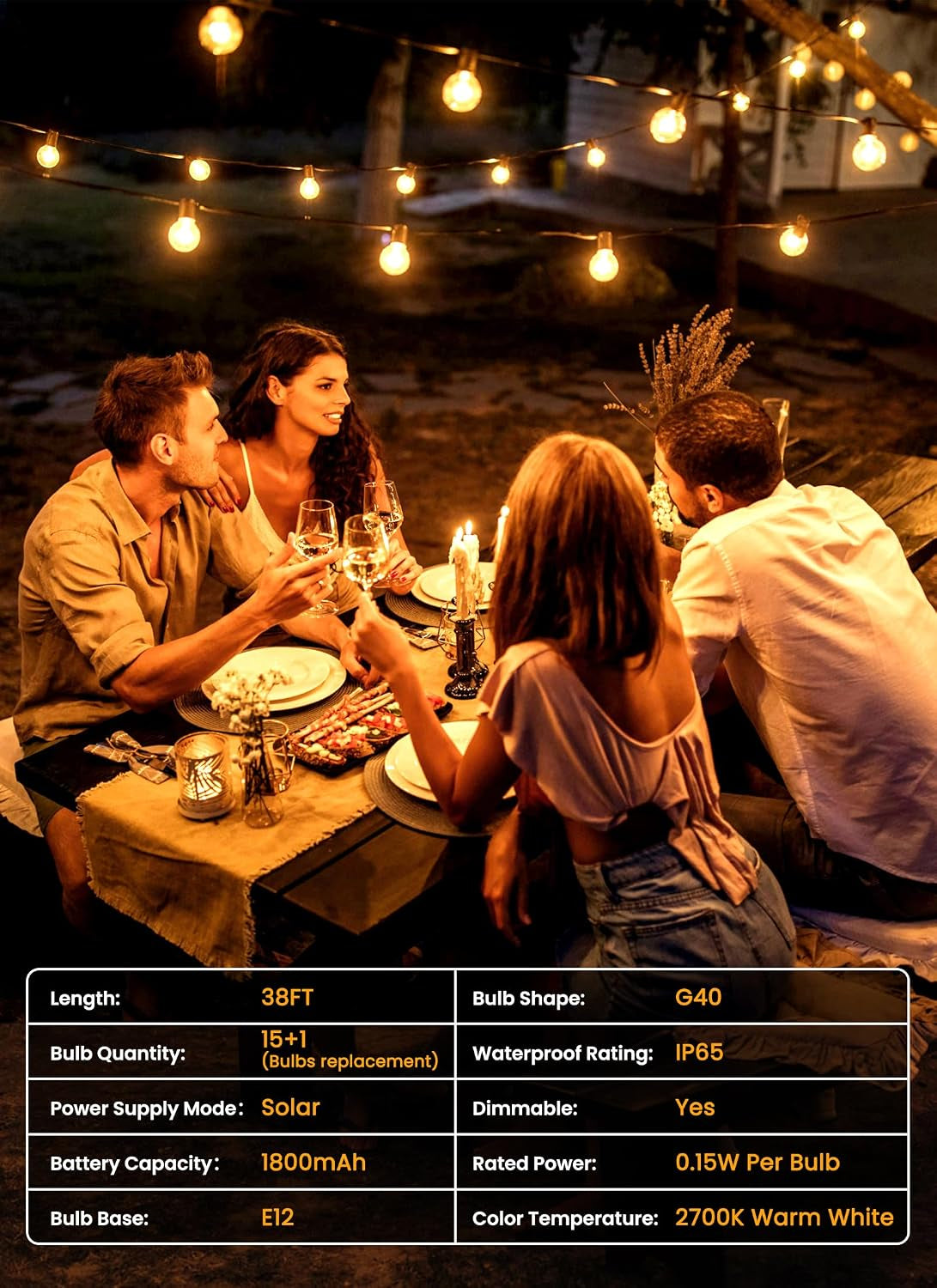 38FT 16LED Solar String Lights Outdoor with Remote & USB Port, Shatterproof Bulbs, Dimmable & Timable, 3 Modes, Patio Lights with Mount Clips for Backyard Garden Decor - Last for 36+Hrs