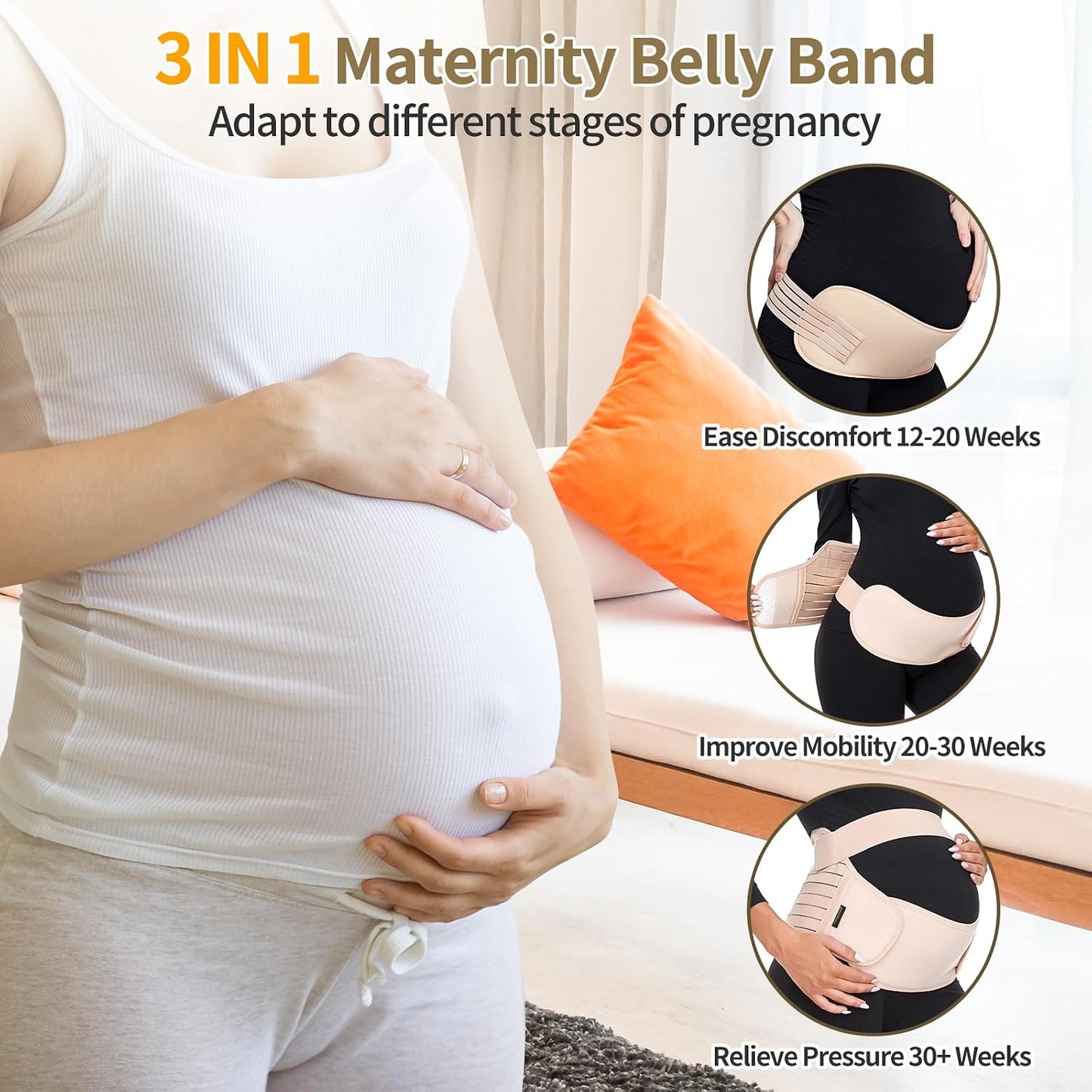 Maternity Belt Pregnancy Belly Band 3 in 1 Maternity Support Belt for Pregnant Back/Pelvic/Hip Pain, Maternity Band Belly Support for Pregnancy (Beige, XL)