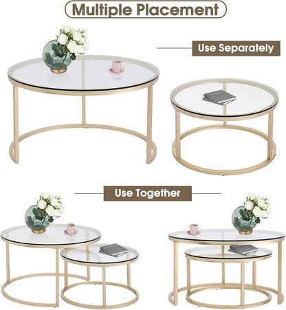round Nesting Coffee Table Set, with 31.5 in Clear Tempered Glass Top and Gold Metal Legs, Accent Wooden Stacking Side Tea Table for Living Room Eagle