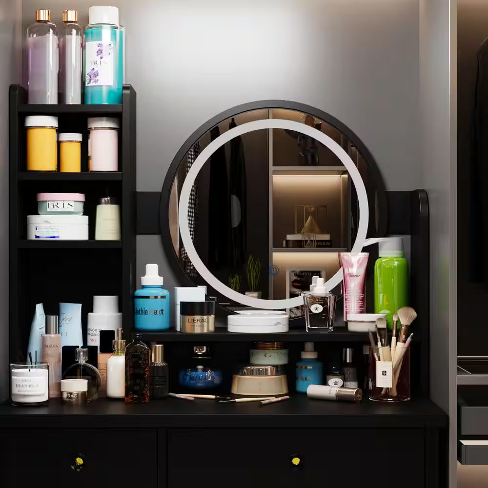 5-Drawers Black Wood Makeup Vanity Set Dressing Desk W/Stool, LED round Mirror and Storage Shelves