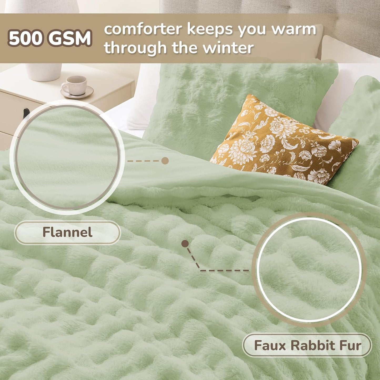 Queen Comforter Set, Fluffy Comforter Faux Fur Comforter Queen Set, Faux Rabbit Fur Winter Bedding Set with 2 Pillowcases, Light Green