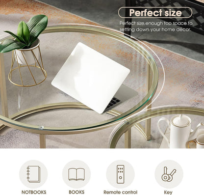 round Nesting Coffee Table Set, with 31.5 in Clear Tempered Glass Top and Gold Metal Legs, Accent Wooden Stacking Side Tea Table for Living Room Eagle