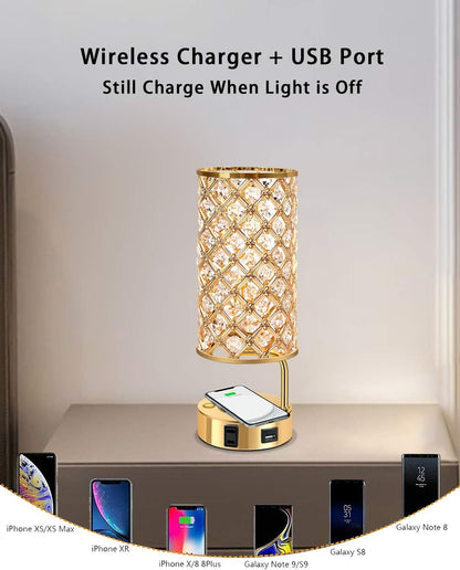 Touch Control Crystal Table Lamp, 3 Way Dimmable Wireless Charging Table Lamp, USB Bedside Light with Crystal Shade, Modern Nightstand Lamps for Bedroom Living Room (Bulb Included) (Gold)
