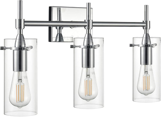 Effimero Modern Farmhouse Bathroom Vanity Lights Fixtures 3 Lights over Mirror Chrome Vanity Lights for Bathroom Light Fixtures Industrial Lighting Clear Glass Covers, UL Listed