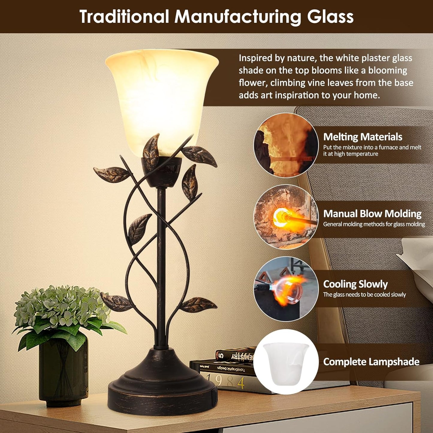 Bedside Lamps for Bedrooms Set of 2 Table Lamps for Living Room 3 Way Dimmable with Dual USB Charging Ports for Touch Control with White Glass Shade and Retro Leaf Body, Bulbs Included