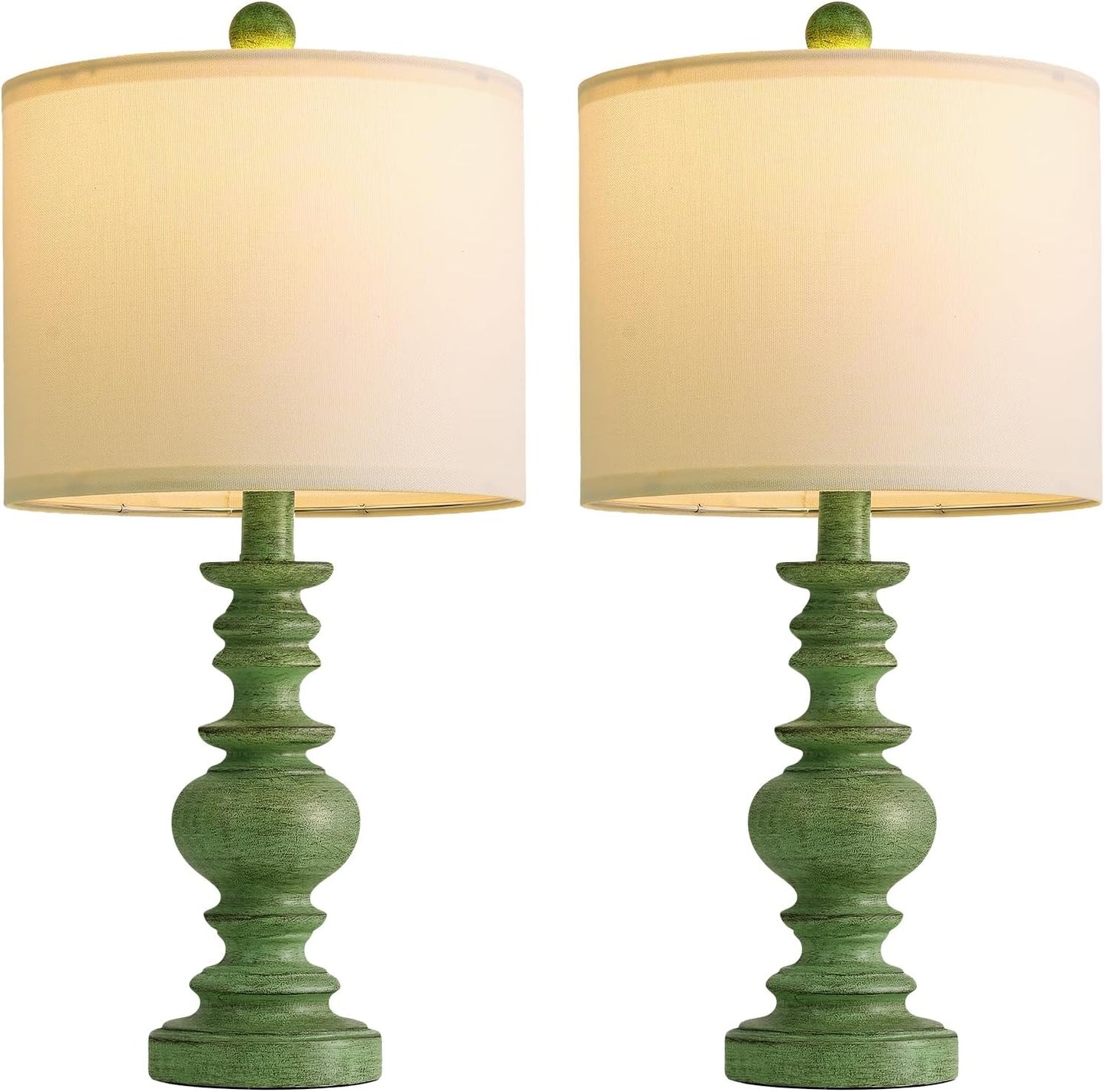 20" Sage Green Table Lamps Set of 2 – Farmhouse Resin Bedside Lamps with Linen Shades, Handcrafted Traditional Rustic Lamp for Bedroom, Living Room, or Corner – Ideal for Small Spaces