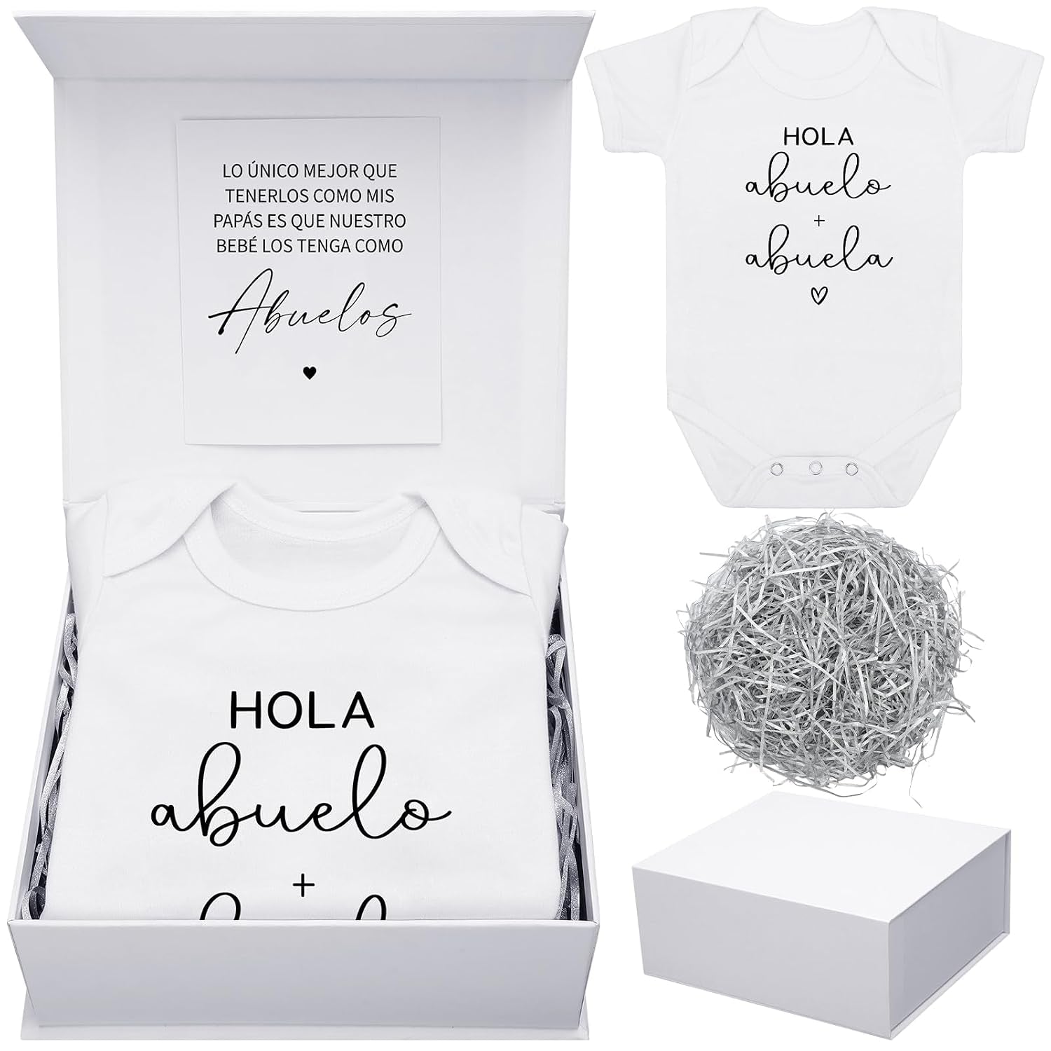 4 Pcs Pregnancy Announcement for Abuelos, Hola Abuelos Baby Bodysuit Pregnancy Reveal Card Baby Announcement Gift Box with Gifts Set