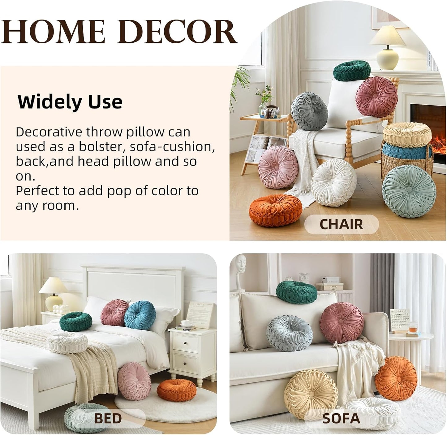 round Throw Pillow Velvet Home Decoration Pleated round Pillow Cushion for Couch Chair Bed Car Orange