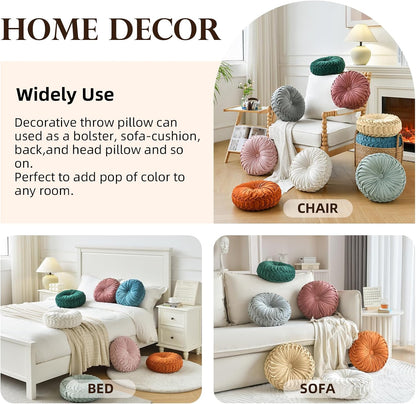 round Throw Pillow Velvet Home Decoration Pleated round Pillow Cushion for Couch Chair Bed Car Orange