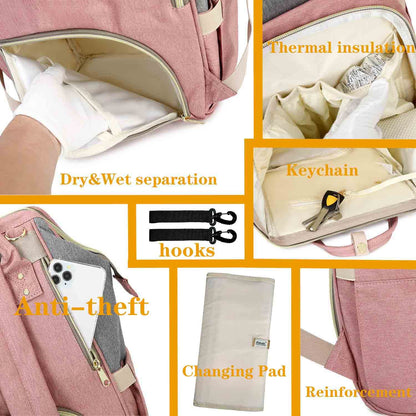 Diaper Bag Backpack, Multifunction Baby Bags, Large Capacity Nappy Changing Bags, Waterproof Travel Backpack,Stylish Durable, Hooks and Changepad, Pink Grey
