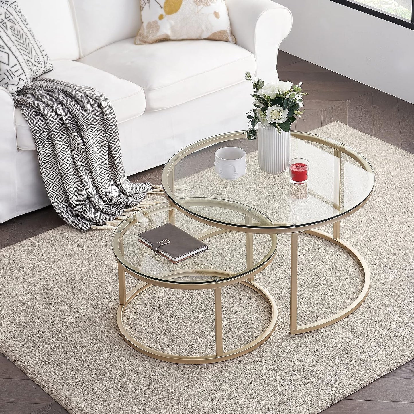 round Nesting Coffee Table Set, with 31.5 in Clear Tempered Glass Top and Gold Metal Legs, Accent Wooden Stacking Side Tea Table for Living Room Eagle