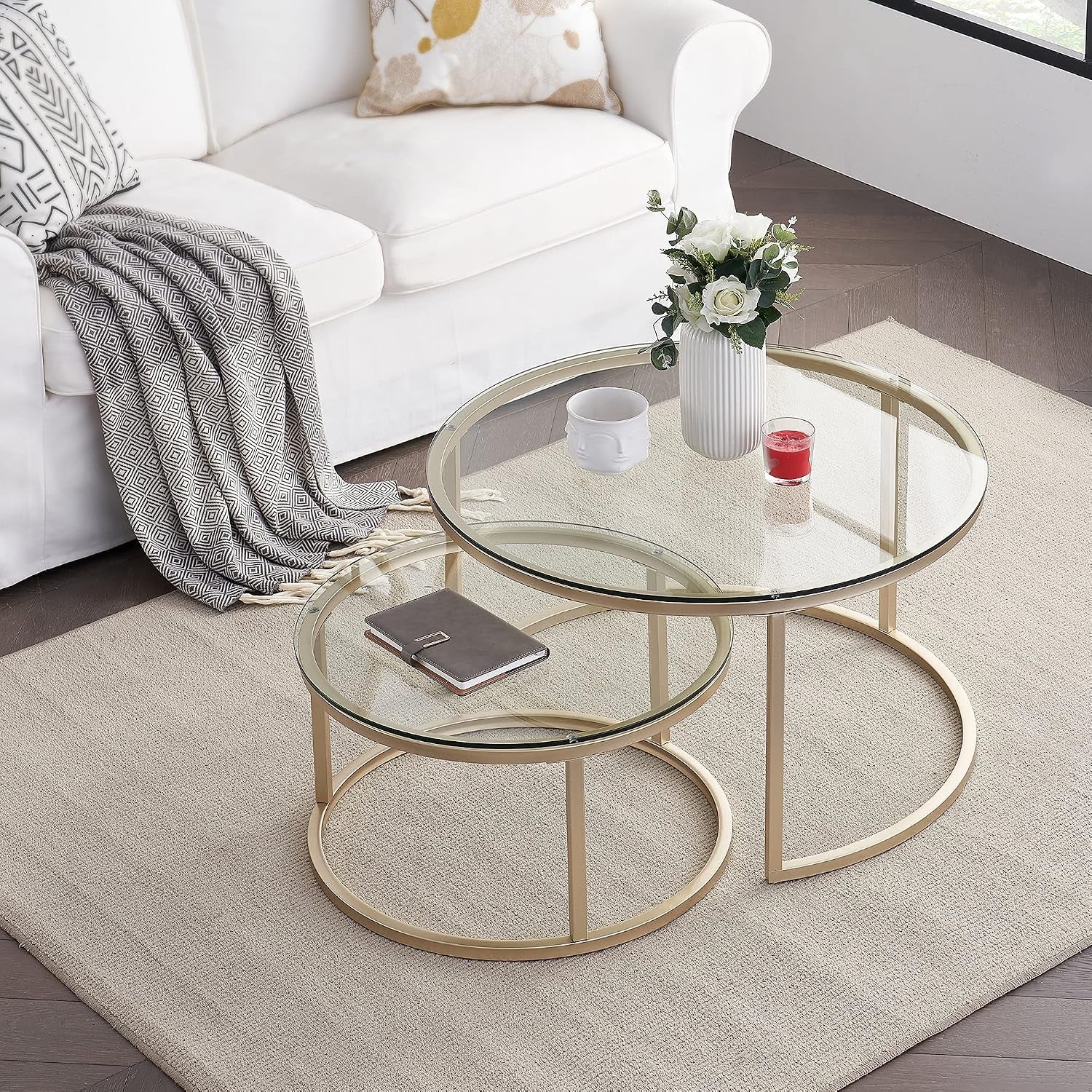 round Nesting Coffee Table Set, with 31.5 in Clear Tempered Glass Top and Gold Metal Legs, Accent Wooden Stacking Side Tea Table for Living Room Eagle