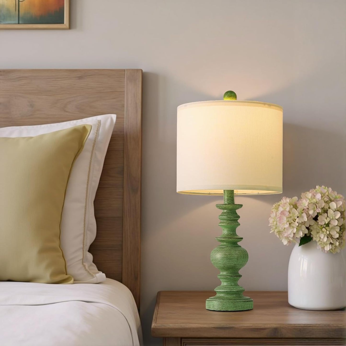 20" Sage Green Table Lamps Set of 2 – Farmhouse Resin Bedside Lamps with Linen Shades, Handcrafted Traditional Rustic Lamp for Bedroom, Living Room, or Corner – Ideal for Small Spaces