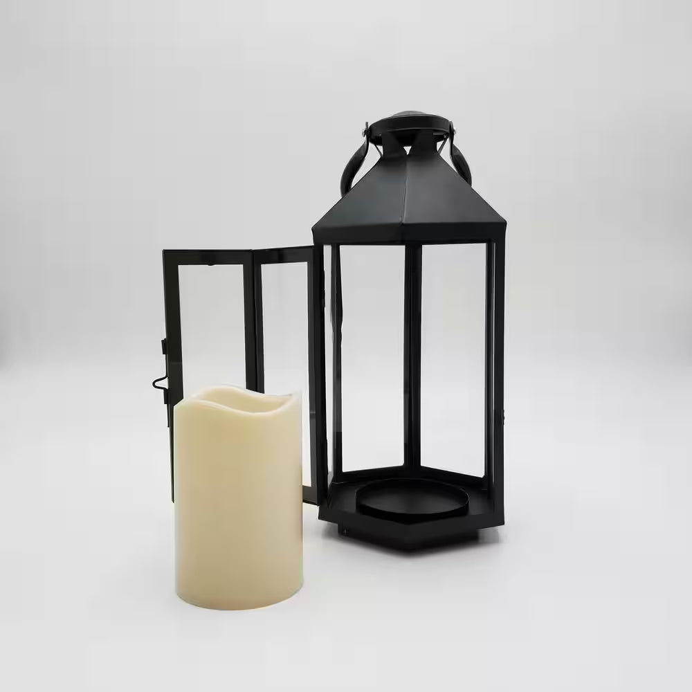 6 In. X 12 In. Hexagon Metal Lantern with LED Candle