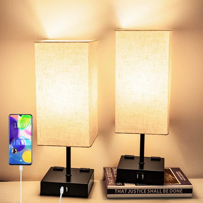 Set of 2 Touch Control Table Lamps,2 USB Ports,2 AC Outlet,3 Way Dimmable Modern Bedside Nightstand Lamp with Fabric Shade,For Living Room Bedroom Hotel,Led Bulb Included(2 Pack)