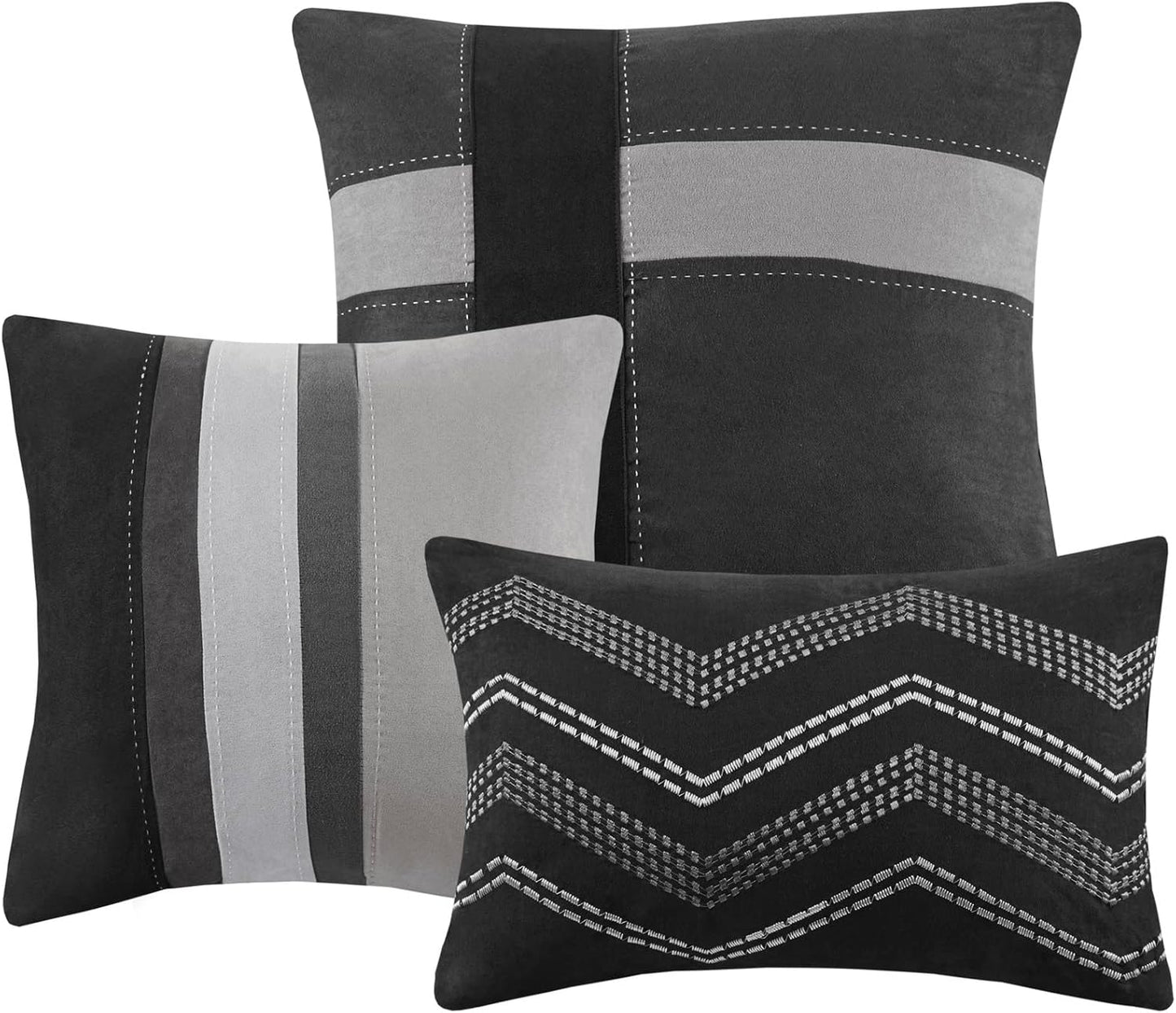 Palisades Comforter Set Modern Faux Suede Pieced Stripe Design, All Season down Alternative Cozy Bedding with Matching Shams, Decorative Pillows, Cal King(104"X92"), Black 7 Piece
