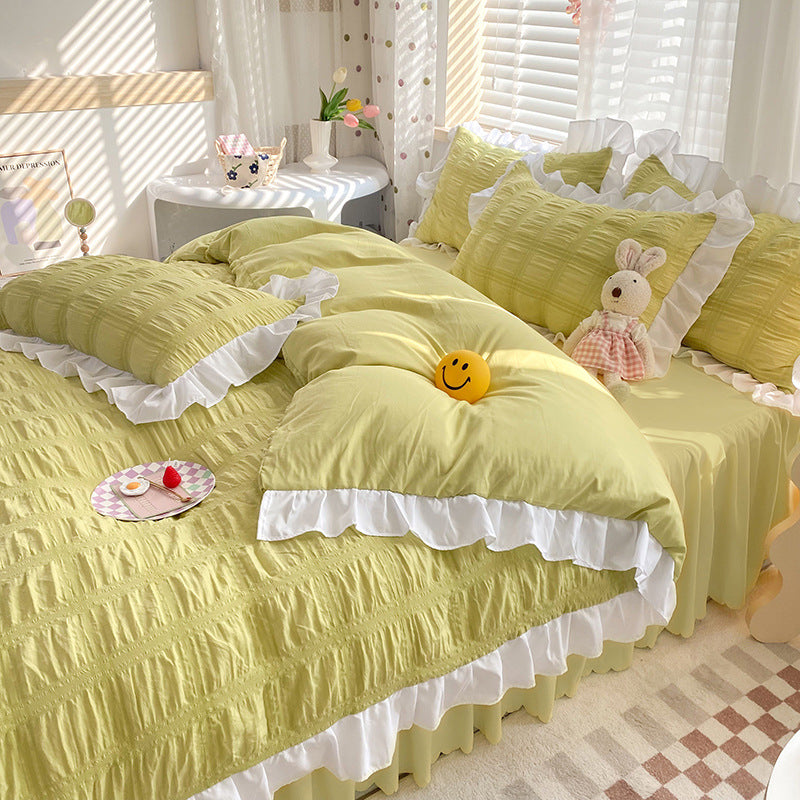 Dawn Aura 4-Piece Bedding Set - Sleep is your highest-yield biological asset. Shield your mind from digital exhaustion with this premium rose-hued quilt cover and bed skirt. Engineered for absolute cognitive recovery. Secure your sanctuary.