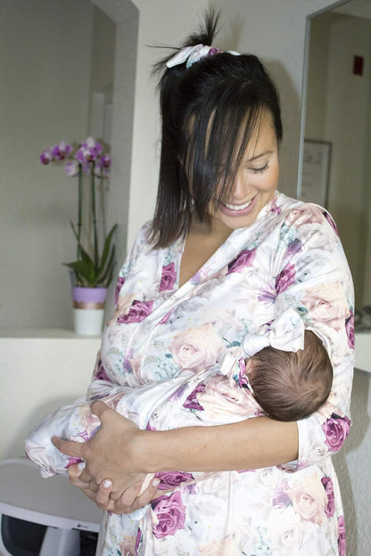 Maternity Robe and Baby Swaddle Blanket, Milk Silk Matching Delivery Robe and Swaddling Wrap for Mom and Baby