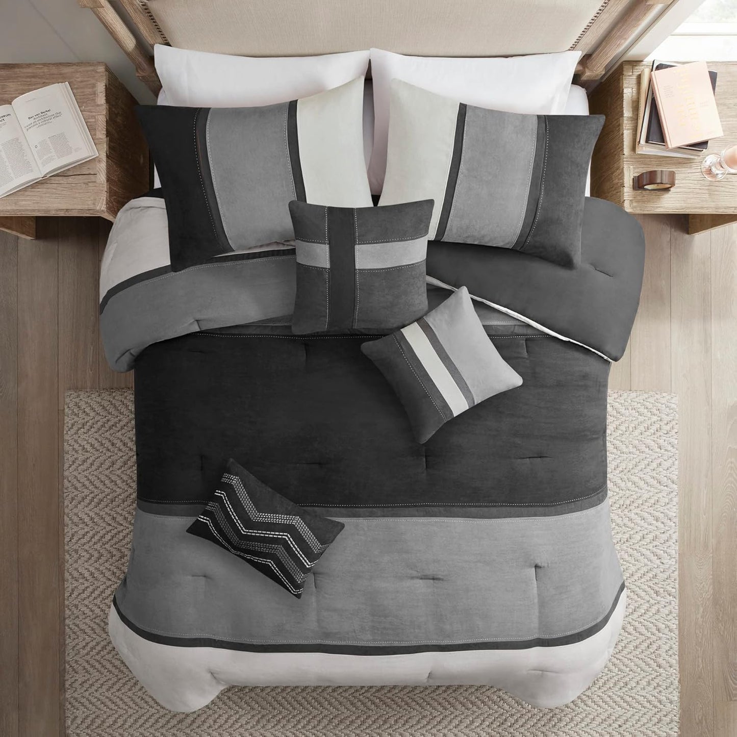 Palisades Comforter Set Modern Faux Suede Pieced Stripe Design, All Season down Alternative Cozy Bedding with Matching Shams, Decorative Pillows, Cal King(104"X92"), Black 7 Piece