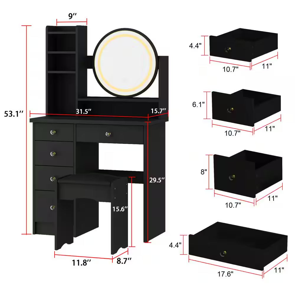 5-Drawers Black Wood Makeup Vanity Set Dressing Desk W/Stool, LED round Mirror and Storage Shelves