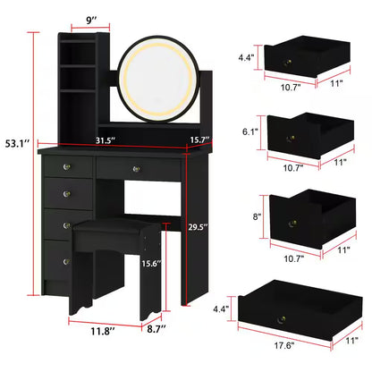 5-Drawers Black Wood Makeup Vanity Set Dressing Desk W/Stool, LED round Mirror and Storage Shelves