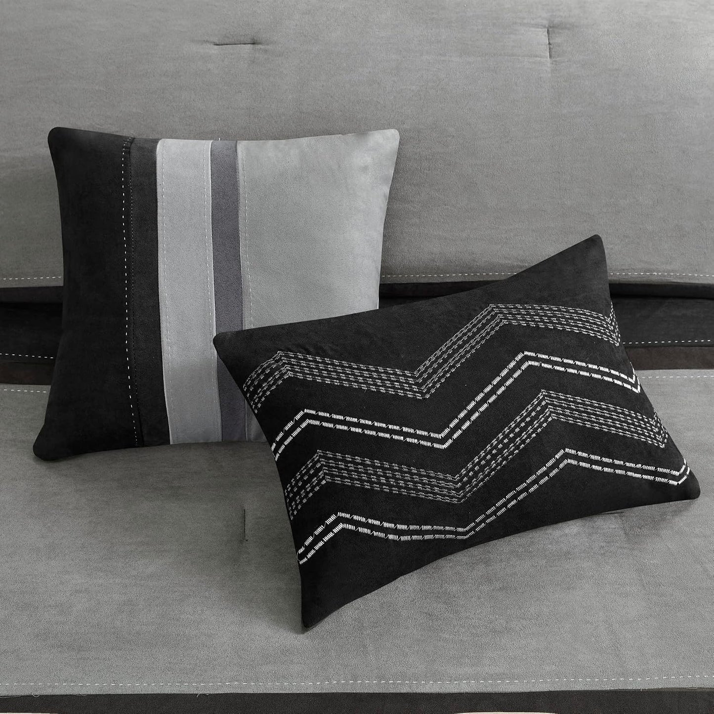 Palisades Comforter Set Modern Faux Suede Pieced Stripe Design, All Season down Alternative Cozy Bedding with Matching Shams, Decorative Pillows, Cal King(104"X92"), Black 7 Piece