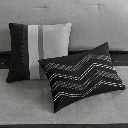 Palisades Comforter Set Modern Faux Suede Pieced Stripe Design, All Season down Alternative Cozy Bedding with Matching Shams, Decorative Pillows, Cal King(104"X92"), Black 7 Piece