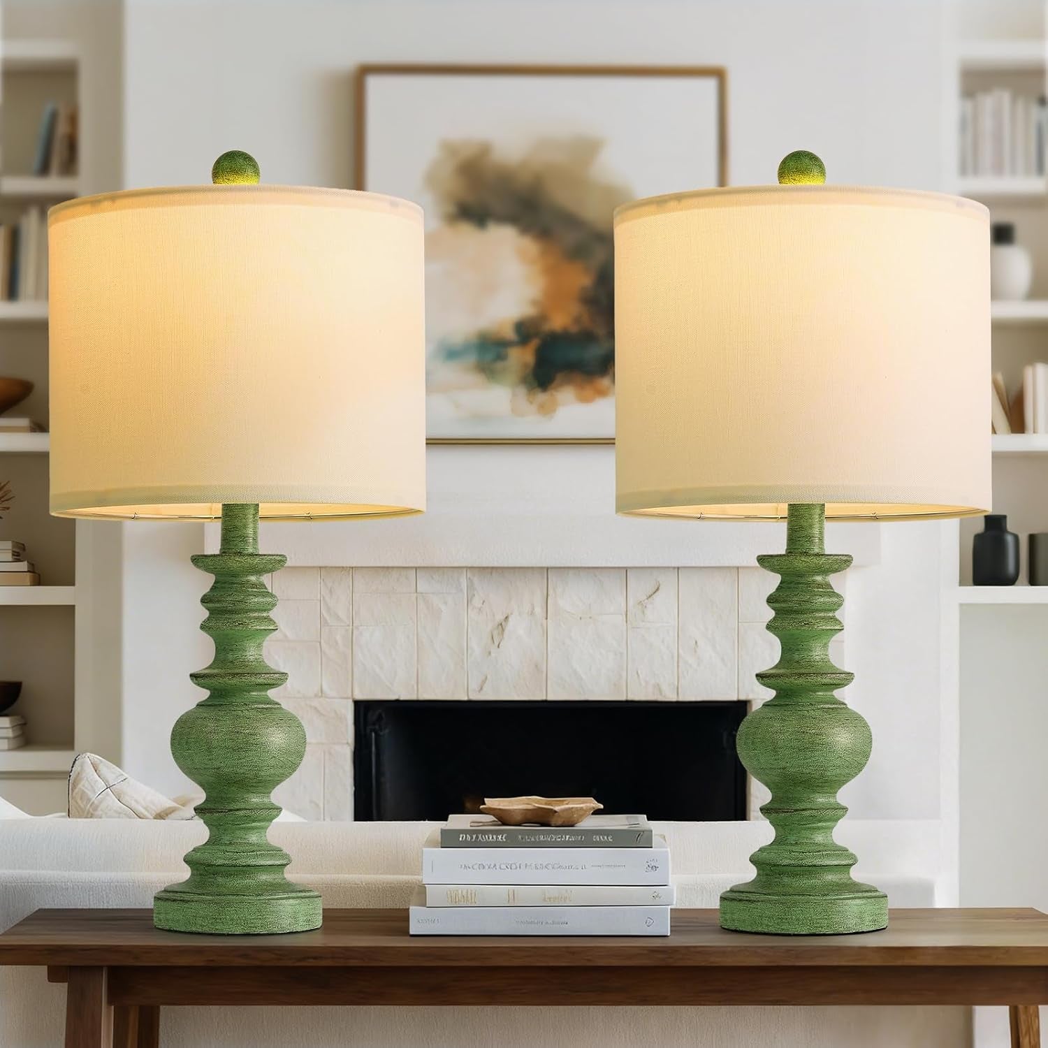 20" Sage Green Table Lamps Set of 2 – Farmhouse Resin Bedside Lamps with Linen Shades, Handcrafted Traditional Rustic Lamp for Bedroom, Living Room, or Corner – Ideal for Small Spaces