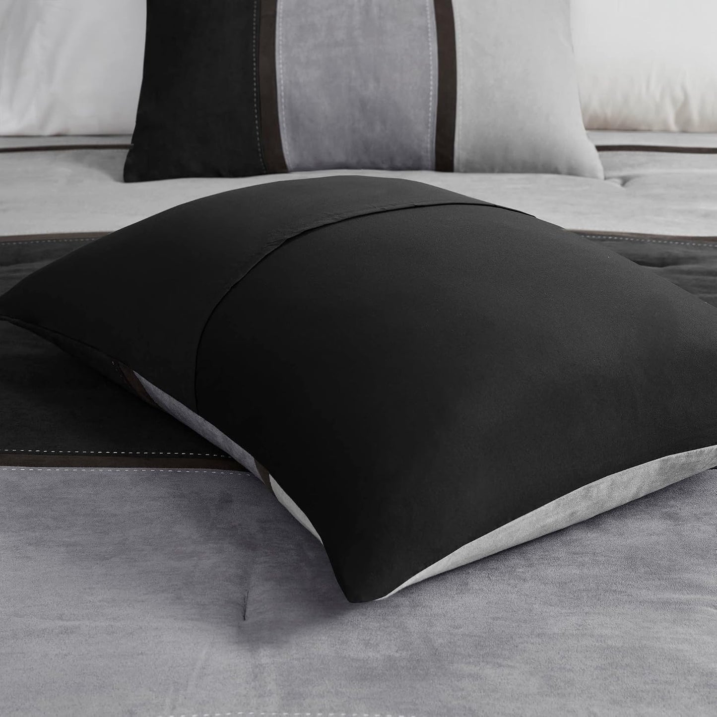 Palisades Comforter Set Modern Faux Suede Pieced Stripe Design, All Season down Alternative Cozy Bedding with Matching Shams, Decorative Pillows, Cal King(104"X92"), Black 7 Piece