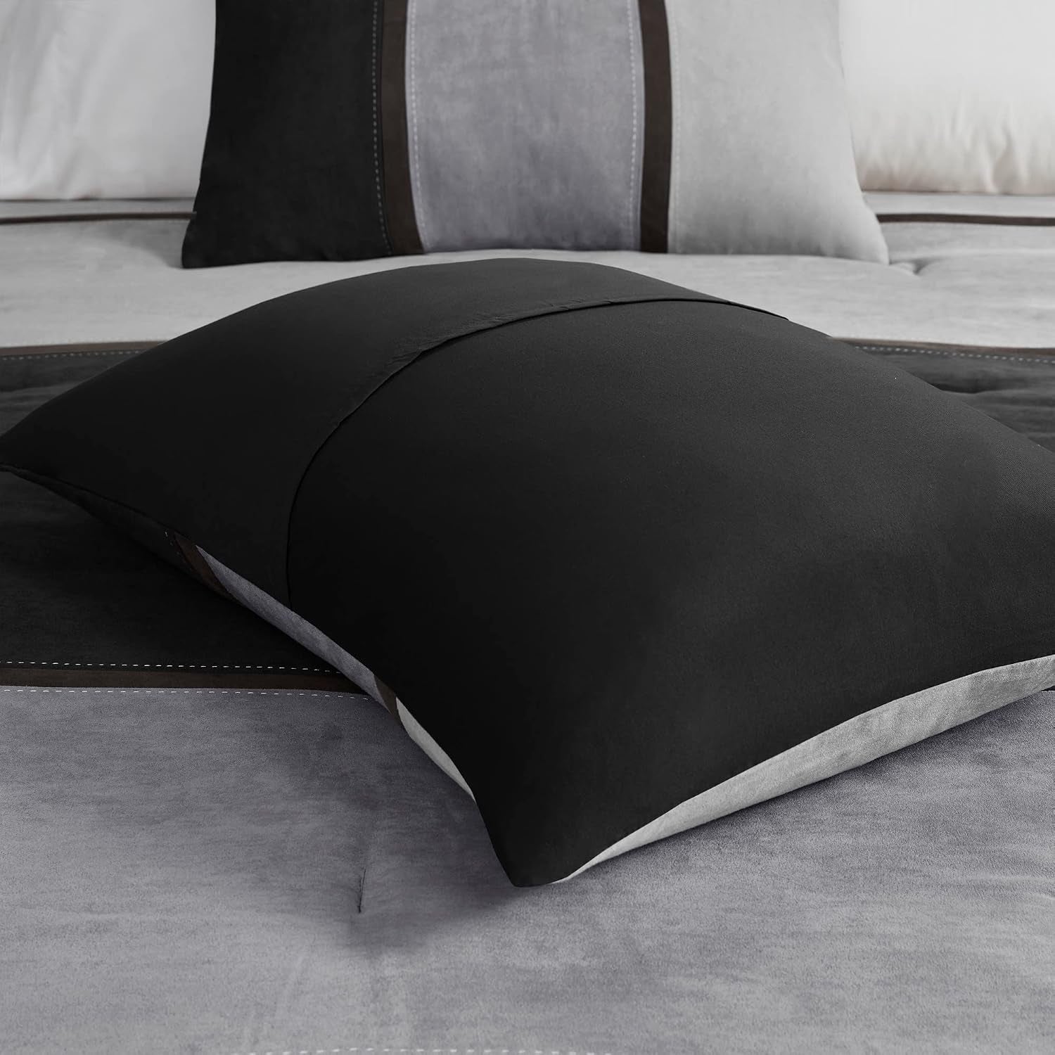 Palisades Comforter Set Modern Faux Suede Pieced Stripe Design, All Season down Alternative Cozy Bedding with Matching Shams, Decorative Pillows, Cal King(104"X92"), Black 7 Piece