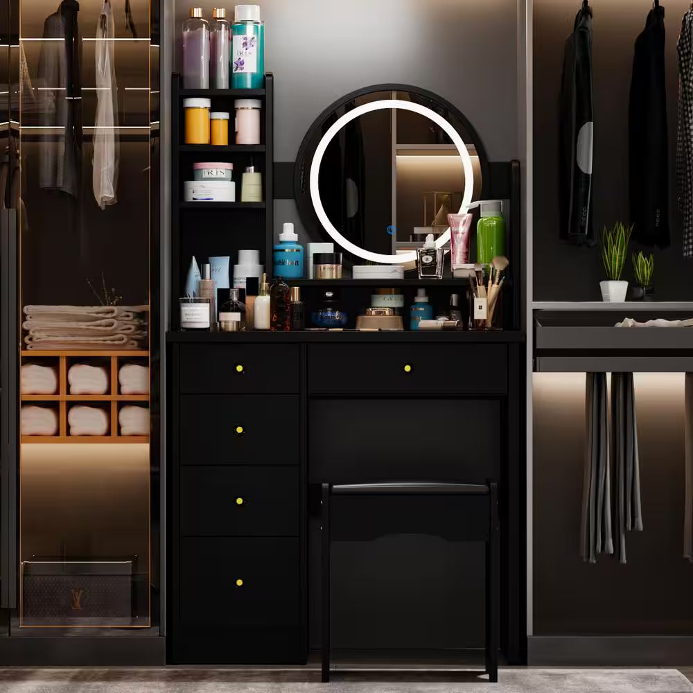 5-Drawers Black Wood Makeup Vanity Set Dressing Desk W/Stool, LED round Mirror and Storage Shelves