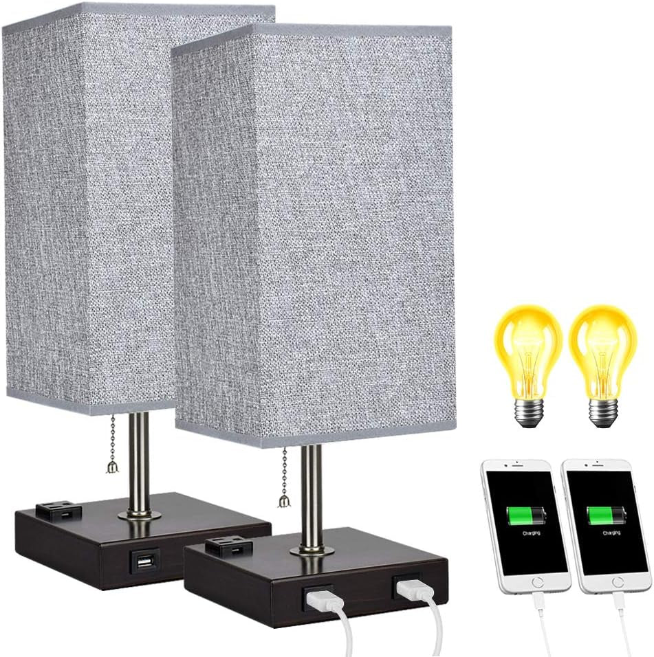 USB Table Lamp for Bedroom, Minimalist Nightstand Table Lamp with Dual USB Ports, Bedside Desk Lamps with Grey Fabric Shade Side Lamps for Living Room, Office, Kids Room, Study (Set of 2)