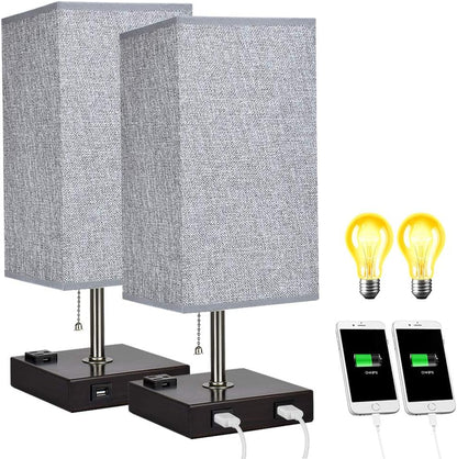 USB Table Lamp for Bedroom, Minimalist Nightstand Table Lamp with Dual USB Ports, Bedside Desk Lamps with Grey Fabric Shade Side Lamps for Living Room, Office, Kids Room, Study (Set of 2)
