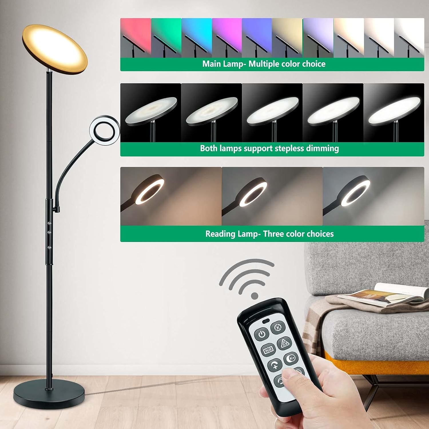 LED Floor Lamp, Super Bright RGB Torchiere Lamp with Adjustable Reading Lamp, Remote & Touch Control, 1600LM Main Light and 300LM Side Light for Living Room, Bedroom, Office, Black