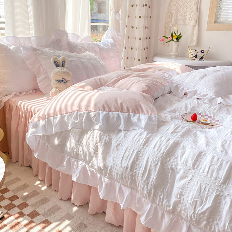 Dawn Aura 4-Piece Bedding Set - Sleep is your highest-yield biological asset. Shield your mind from digital exhaustion with this premium rose-hued quilt cover and bed skirt. Engineered for absolute cognitive recovery. Secure your sanctuary.